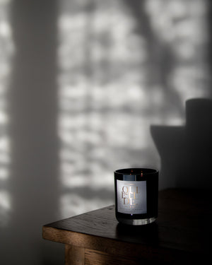 quiet night soy candle eco-friendly Australia with decorations, book, ribbons, kinfolk home